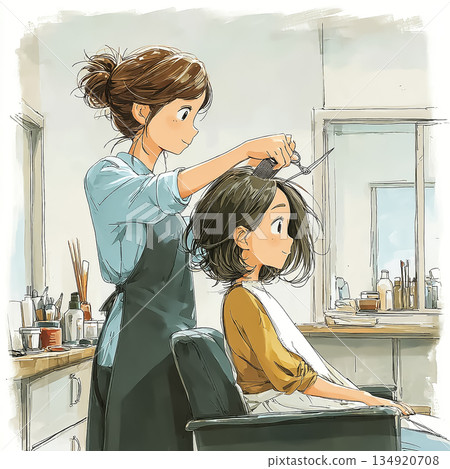 美髮沙龍場景,理髮師正在細緻地剪頭髮 | 女性沙龍插畫 美髮沙龍場景,理髮師正在細緻地剪頭髮 | 女性沙龍插畫 134920708