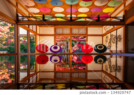Autumn leaves and a Japanese umbrella reflected on the floor of a Japanese-style room at Hotokuji Temple in Gunma Prefecture Autumn leaves and a Japanese umbrella reflected on the floor of a Japanese-style room at Hotokuji Temple in Gunma Prefecture 134920747