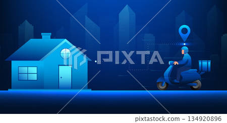 Delivery Technology Concept, Online Shopping via Smartphone, Motorcycle Courier Delivering Package to Home, Urban City Background, Fast Shipping, E-commerce Logistics Service Delivery Technology Concept, Online Shopping via Smartphone, Motorcycle Courier Delivering Package to Home, Urban City Background, Fast Shipping, E-commerce Logistics Service 134920896