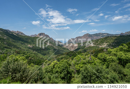 Corse, France Corsica marine french island Mediterranean Sea with hights mountains peak famous GR20 path Corse, France Corsica marine french island Mediterranean Sea with hights mountains peak famous GR20 path 134921050