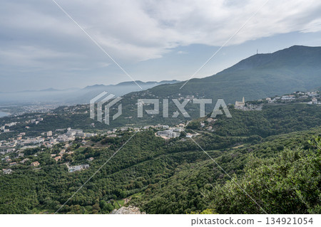 Aerial view Mountain Viewpoint of Bastia in the north of Corsica island - Genoese city overlooking the Mediterranean Sea Aerial view Mountain Viewpoint of Bastia in the north of Corsica island - Genoese city overlooking the Mediterranean Sea 134921054
