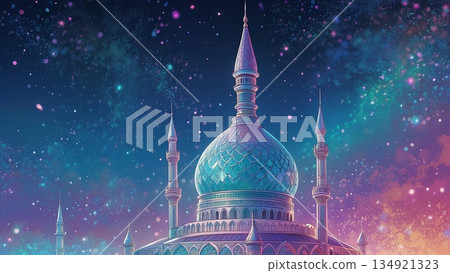 Game background: A sparkling starry sky and a beautiful Arabian fantasy palace Game background: A sparkling starry sky and a beautiful Arabian fantasy palace 134921323