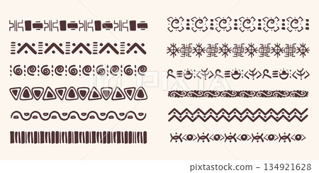 Set african tribal ethnic border, divider doodle hand drawn from geometrical shapes isolated. Boho motif scandinavian srtoke, traditional native decor. 134921628
