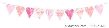 Romantic pink pennant garland with heart shaped flags hanging on string for anniversary celebration baby girl birthday event invitation background isolated watercolor illustration Romantic pink pennant garland with heart shaped flags hanging on string for anniversary celebration baby girl birthday event invitation background isolated watercolor illustration 134921669