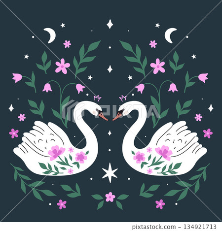 A magical poster featuring symmetrically arranged swans. Vector graphics. A magical poster featuring symmetrically arranged swans. Vector graphics. 134921713