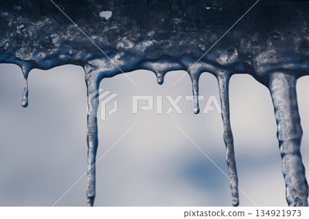 Winter icicles hanging against blue sky closeup 134921973