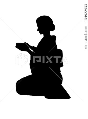 A woman in a kimono sitting upright and holding something (full body, silhouette) A woman in a kimono sitting upright and holding something (full body, silhouette) 134922933