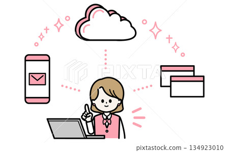 雲端服務、女性員工與智慧型手機插畫、資料管理工作效率 134923010