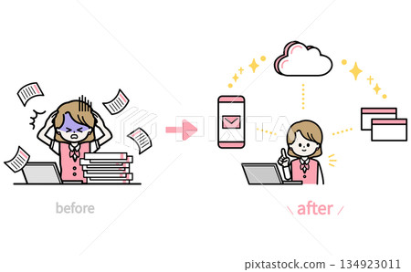 女性員工透過提高工作效率解決問題，簡潔的扁平化設計插圖 134923011