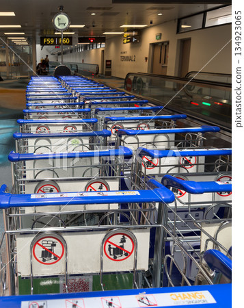 Rows of luggage carts at CHANGI AIRPORT TERMINAL 2 with clear no-use signage in Singapore 134923065