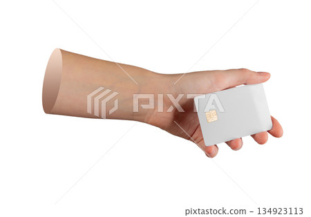 Concept of digital finance. hand offering chip card isolated against white background. 134923113