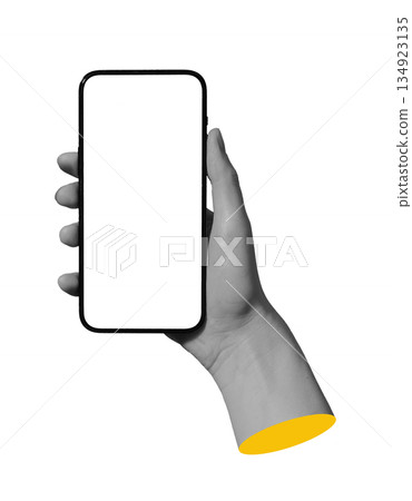 Hand holding phone screen, mobile app, isolated on white. Hand holding phone screen, mobile app, isolated on white. 134923135