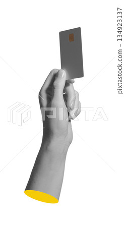 Hand holds a blank card with golden chip isolated on background.. Hand holds a blank card with golden chip isolated on background.. 134923137