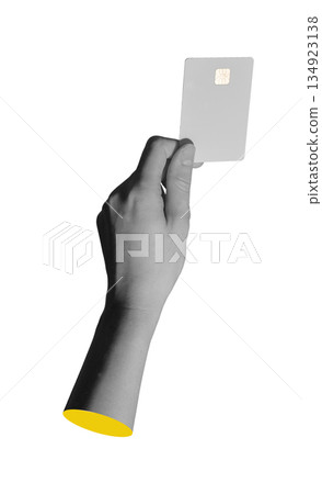 Hand is offering a financial card with golden chip isolated on background.. Hand is offering a financial card with golden chip isolated on background.. 134923138
