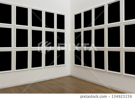 Modern art gallery interior with multiple empty black frames on white walls. Minimalist exhibition Modern art gallery interior with multiple empty black frames on white walls. Minimalist exhibition 134923159