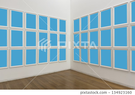 Contemporary art gallery interior with multiple blue frames on white walls. Minimalist installation Contemporary art gallery interior with multiple blue frames on white walls. Minimalist installation 134923160