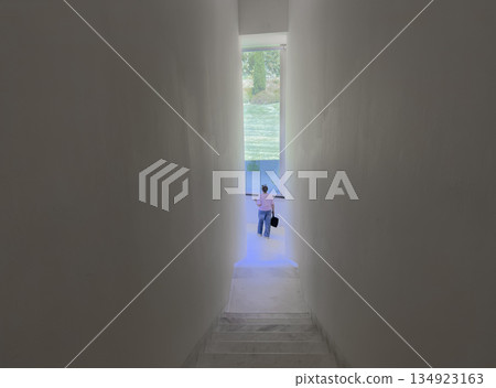 Person walking down a narrow minimalist staircase toward a bright window overlooking a green garden. Person walking down a narrow minimalist staircase toward a bright window overlooking a green garden. 134923163