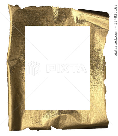 picture frame crafted from crumpled golden foil with torn and rippled edges. Shiny metallic texture picture frame crafted from crumpled golden foil with torn and rippled edges. Shiny metallic texture 134923165