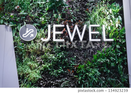 Jewel Changi Airport in Singapore surrounded by lush greenery and vibrant designs showcasing modern architecture 134923239