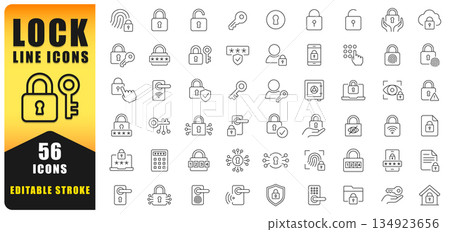 Clean And Modern Lock Line Icon Set Featuring Security, Privacy, Password, Access Control, And Data Protection Symbols. Editable Stroke Line Icon Ideal For Web, App, And UI Design. Isolated Vector Ico Clean And Modern Lock Line Icon Set Featuring Security, Privacy, Password, Access Control, And Data Protection Symbols. Editable Stroke Line Icon Ideal For Web, App, And UI Design. Isolated Vector Ico 134923656
