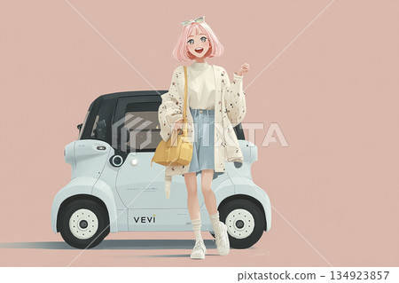 艾米系列：粉紅色頭髮的年輕女子和小型電動車 | 環保可愛的未來出行插畫 134923857