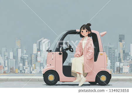 一位粉紅色頭髮的年輕女子和一輛小型電動車 | 一幅環保又可愛的未來出行方式插畫 134923858
