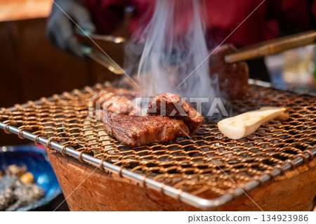 Wagyu ribeye beef sliced on the grill 134923986