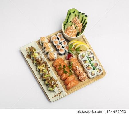sushi mixed plate moriawase meal on plate in japanese restaurant 134924050