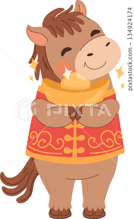 Smiling horse zodiac character in red and gold costume.suitable for greeting cards Smiling horse zodiac character in red and gold costume.suitable for greeting cards 134924174