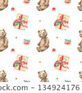 Seamless watercolor pattern with teddy and Christmas gift 134924176