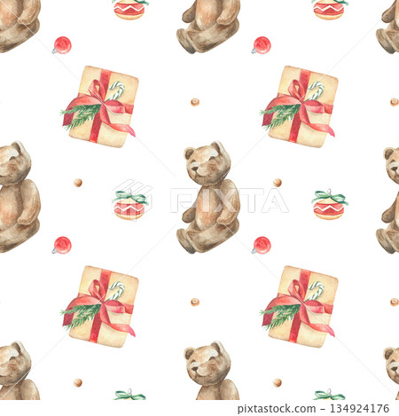 Seamless watercolor pattern with teddy and Christmas gift Seamless watercolor pattern with teddy and Christmas gift 134924176