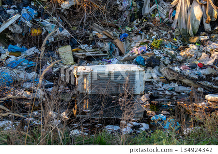 People observe a landfill site where large amounts of garbage accumulate around a water source in a rural location People observe a landfill site where large amounts of garbage accumulate around a water source in a rural location 134924342