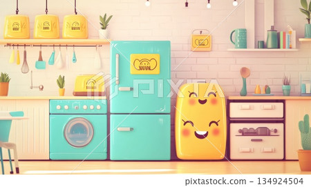 Funny refrigerator in the kitchen. 3D rendering. Vintage toned image. 134924504