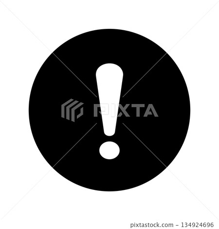 A simple warning icon with a white exclamation point in a black circle 134924696