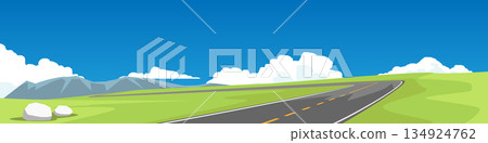 Winding and Slope asphalt road through green grassy fields with mountains in background. Scenic summer landscape vector illustration for travel and road trip concepts for banner. Winding and Slope asphalt road through green grassy fields with mountains in background. Scenic summer landscape vector illustration for travel and road trip concepts for banner. 134924762
