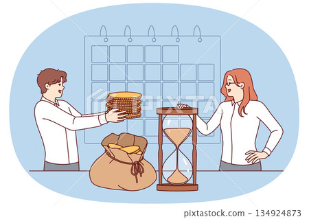 Payroll schedule near business people with money standing near calendar and hourglass 134924873