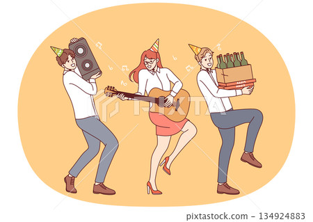 Cheerful friends rush to party with alcohol and musical equipment, rejoicing at coming weekend 134924883