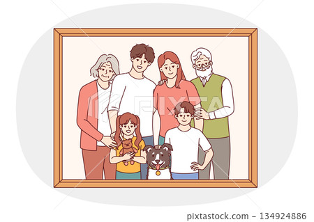 Family portrait of retirees with children and grandchildren with dog posing for memorable photo 134924886