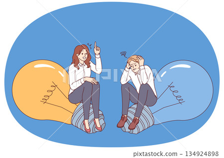 Woman discusses business idea with man who does not believe in success, sitting on light bulbs 134924898