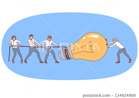 Team work on idea for business people pulling giant light bulb symbolizing new startup project Team work on idea for business people pulling giant light bulb symbolizing new startup project 134924900