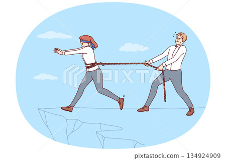 Man business mentor saves subordinate from failure, pulling rope tied to girl walking towards cliff 134924909