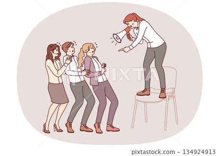 Woman manager shouts at subordinates, intimidating employees to increase productivity 134924913