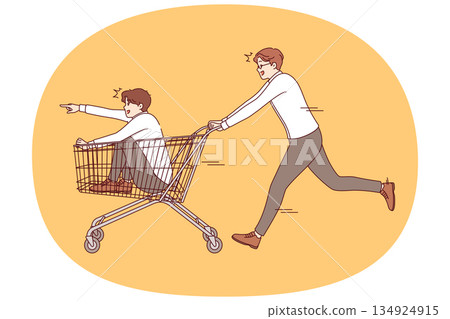 Business man rides partner on carts from supermarket, for concept managing retail company or store 134924915