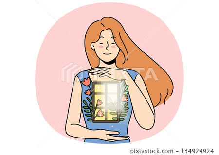 Positive woman demonstrates purity of soul and absence of sins, holding window with flowers in hands Positive woman demonstrates purity of soul and absence of sins, holding window with flowers in hands 134924924