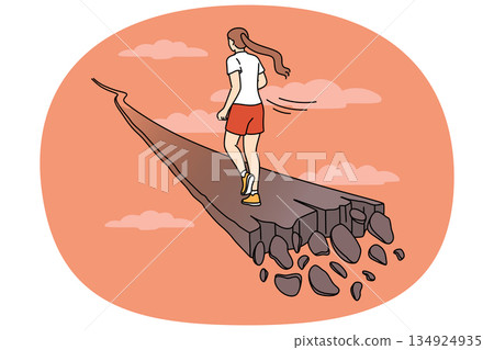 Woman runs along crumbling path, for concept of overcoming problems and escaping from crisis Woman runs along crumbling path, for concept of overcoming problems and escaping from crisis 134924935