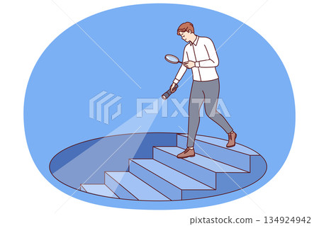 Man manager conducts in-depth analysis of business to find strategic advantages, going down stairs Man manager conducts in-depth analysis of business to find strategic advantages, going down stairs 134924942