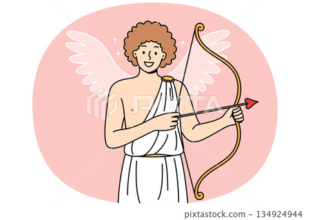 Smiling cherub with cupid bow and arrow, congratulates on valentine day and calls for love Smiling cherub with cupid bow and arrow, congratulates on valentine day and calls for love 134924944