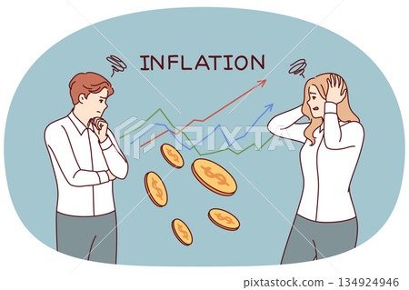 Inflation chart near business people suffering from depreciation of money and in need subsidies 134924946