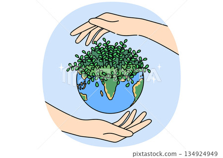 Planet earth and hands of people, caring about preserving environment and ecology of diversity 134924949