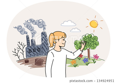 Little girl draws eco friendly nature near factory, pollute environments and causes climate change 134924951